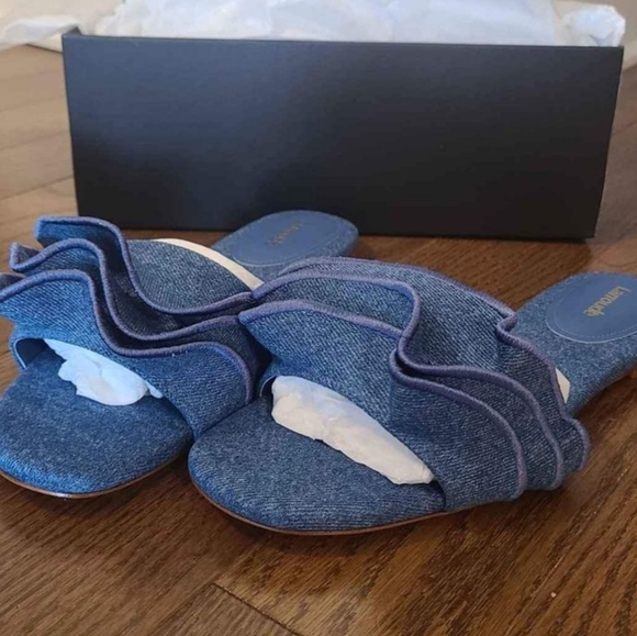 Larroude Ivy Ruffle Sandals in Demin Stone Blue - Picture 3 of 4